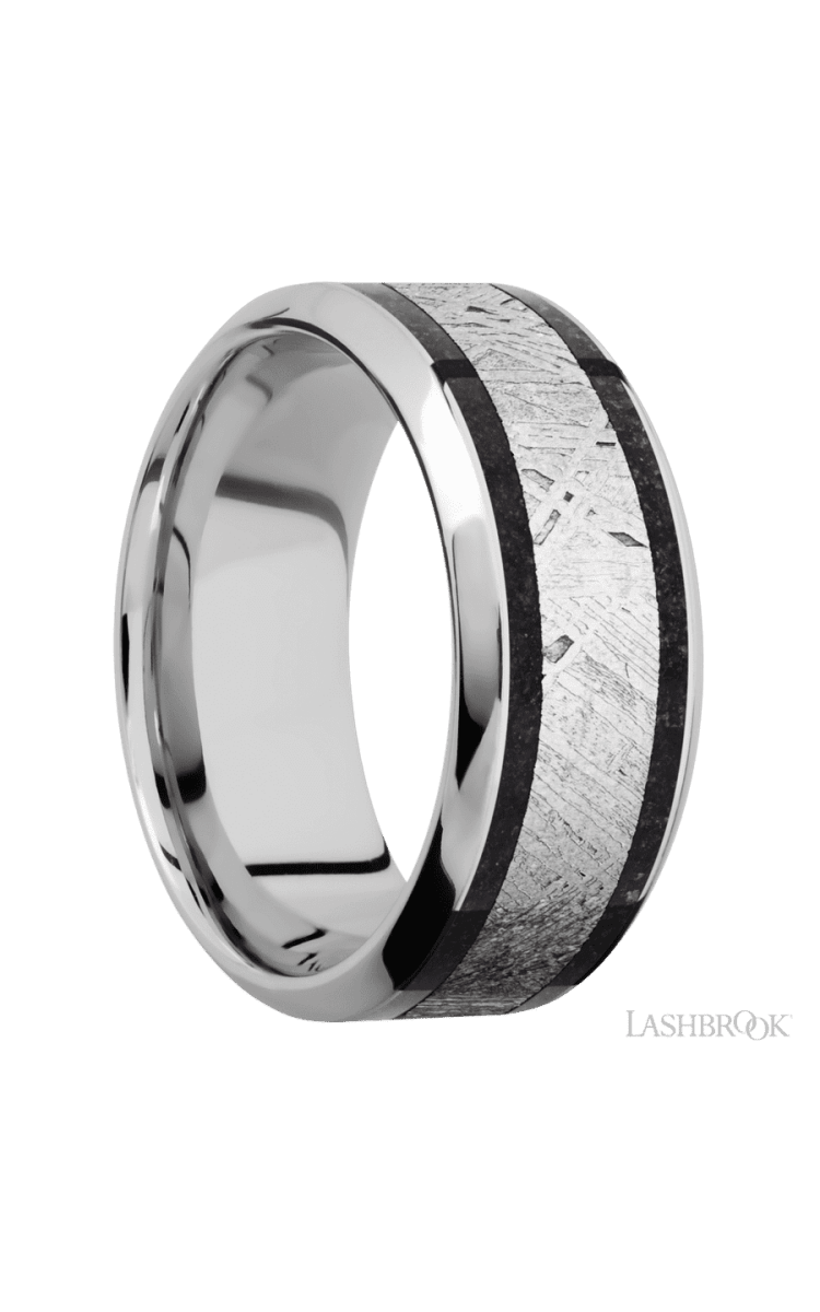 9 mm wide/High Bevel/Cobalt Chrome band featuring inlays of Dinosaur Bone Black and Meteorite. - Diamonds By Rothschild