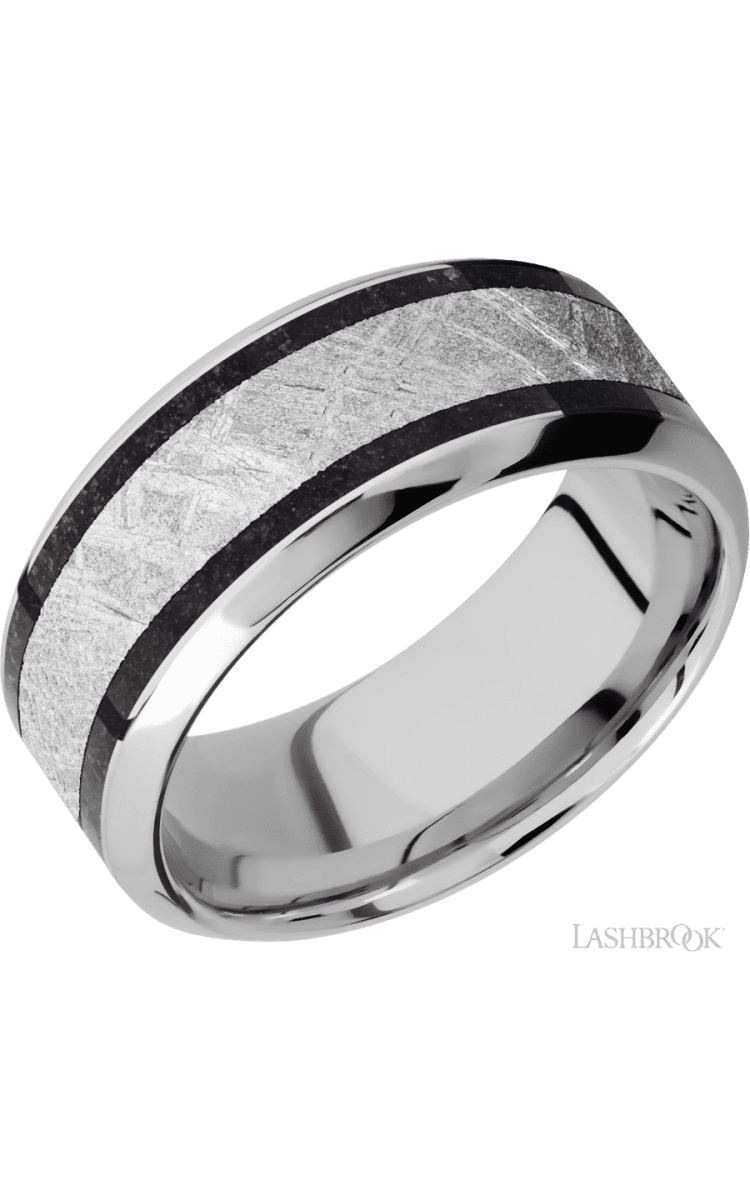 9 mm wide/High Bevel/Cobalt Chrome band featuring inlays of Dinosaur Bone Black and Meteorite. - Diamonds By Rothschild