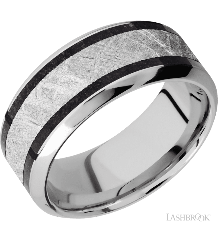 9 mm wide/High Bevel/Cobalt Chrome band featuring inlays of Dinosaur Bone Black and Meteorite. - Diamonds By Rothschild