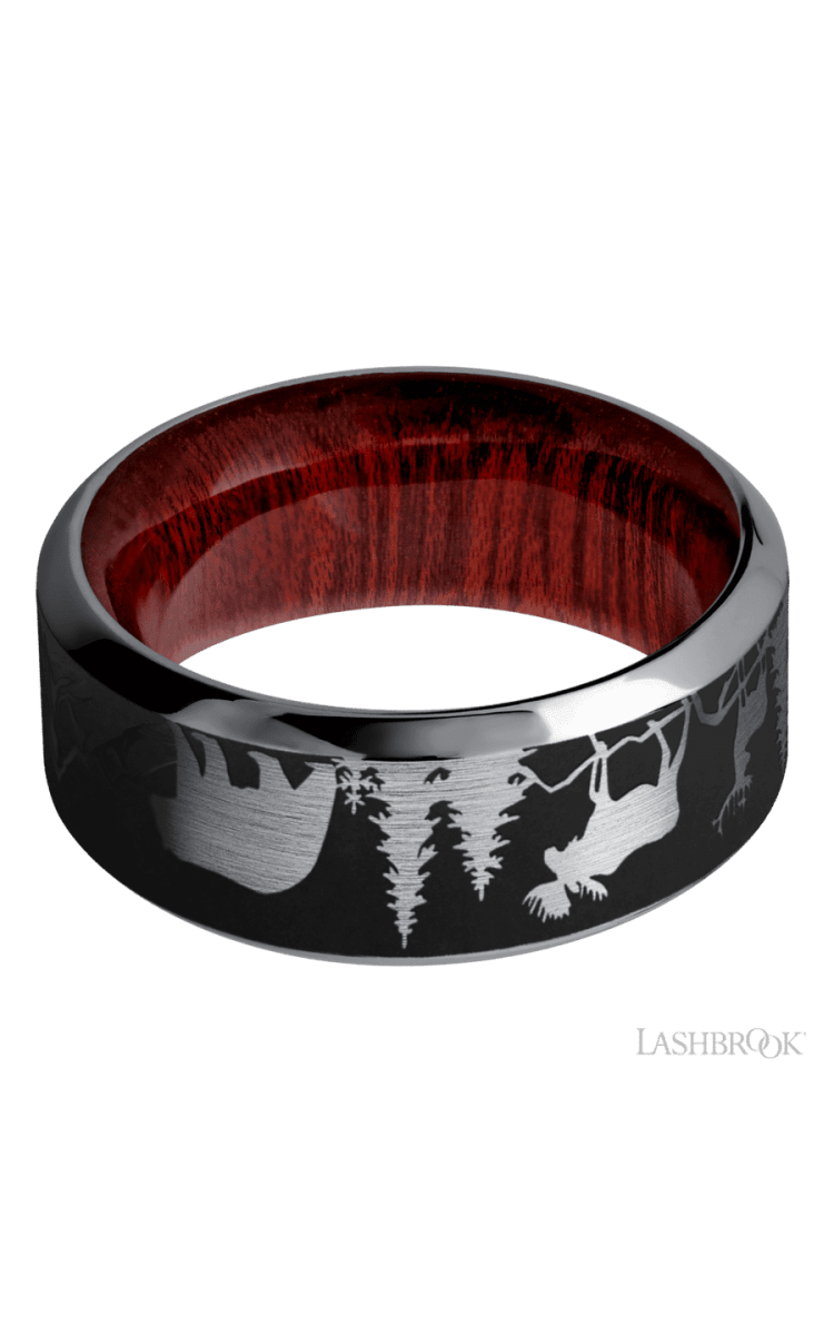 9 mm wide/High Bevel/Tantalum band with a laser carved Bear Moose Deer Mountain pattern also featuring a Blood Wood sleeve. - Diamonds By Rothschild