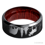 9 mm wide/High Bevel/Tantalum band with a laser carved Bear Moose Deer Mountain pattern also featuring a Blood Wood sleeve. - Diamonds By Rothschild