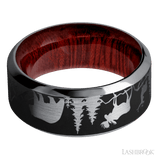 9 mm wide/High Bevel/Tantalum band with a laser carved Bear Moose Deer Mountain pattern also featuring a Blood Wood sleeve. - Diamonds By Rothschild