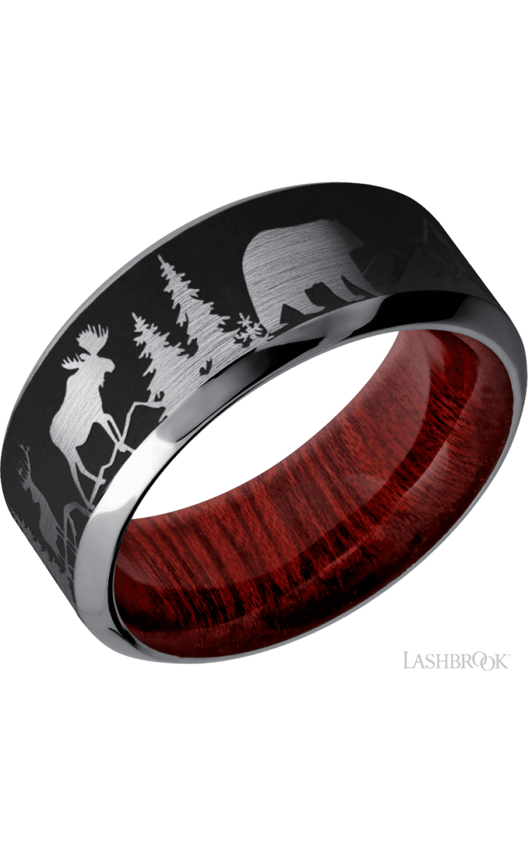 9 mm wide/High Bevel/Tantalum band with a laser carved Bear Moose Deer Mountain pattern also featuring a Blood Wood sleeve. - Diamonds By Rothschild