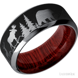 9 mm wide/High Bevel/Tantalum band with a laser carved Bear Moose Deer Mountain pattern also featuring a Blood Wood sleeve. - Diamonds By Rothschild