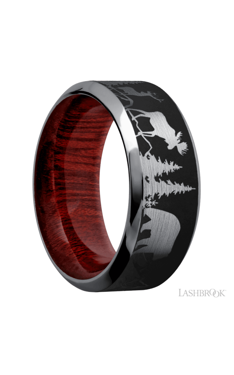 9 mm wide/High Bevel/Tantalum band with a laser carved Bear Moose Deer Mountain pattern also featuring a Blood Wood sleeve. - Diamonds By Rothschild