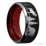 9 mm wide/High Bevel/Tantalum band with a laser carved Bear Moose Deer Mountain pattern also featuring a Blood Wood sleeve. - Diamonds By Rothschild