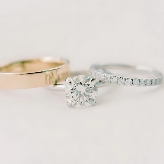 Yellow gold wedding band for him, White gold pave wedding band for her and solitaire diamond ring bridal set