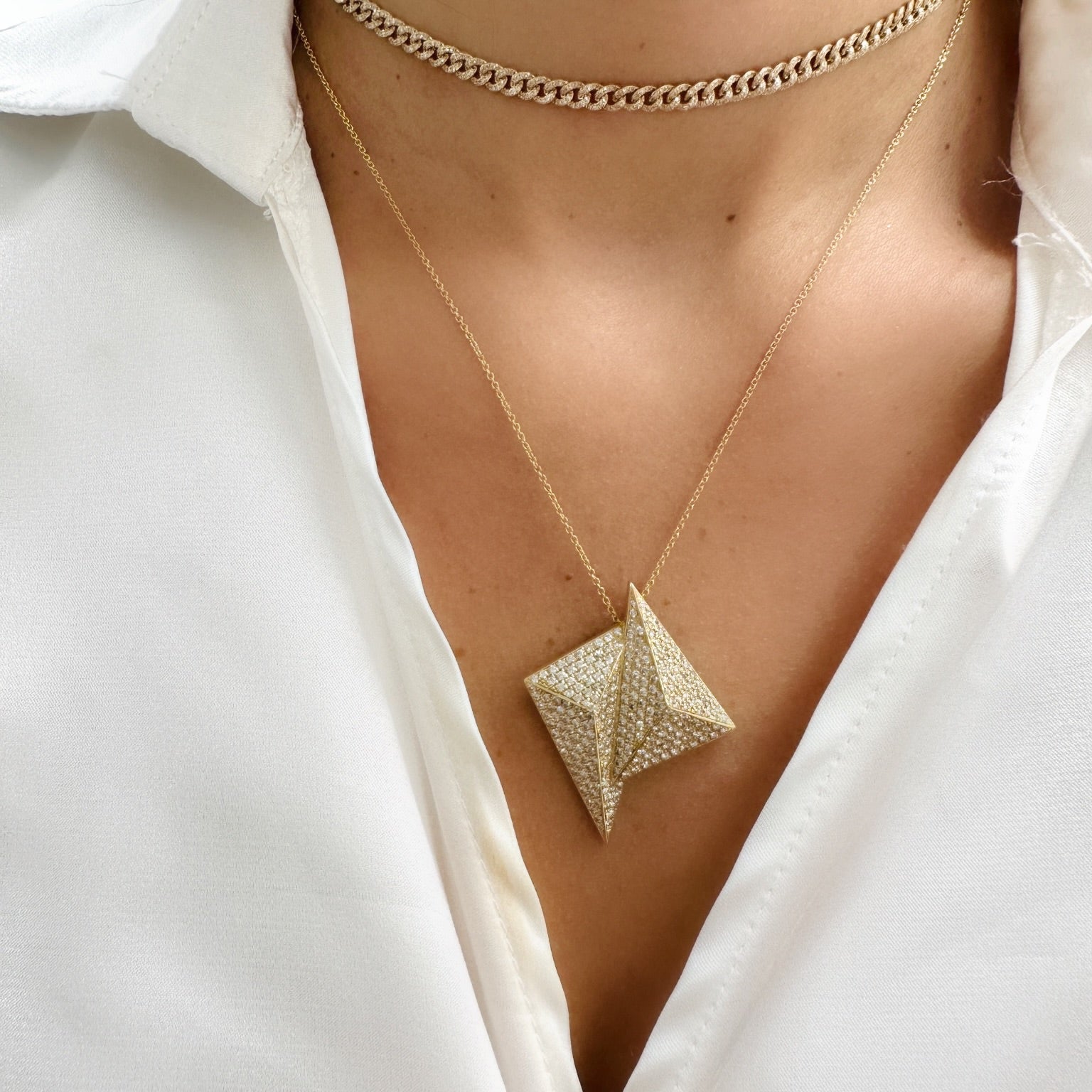 Yellow Gold Necklace with Yellow Gold and Diamond Geometric Pendant