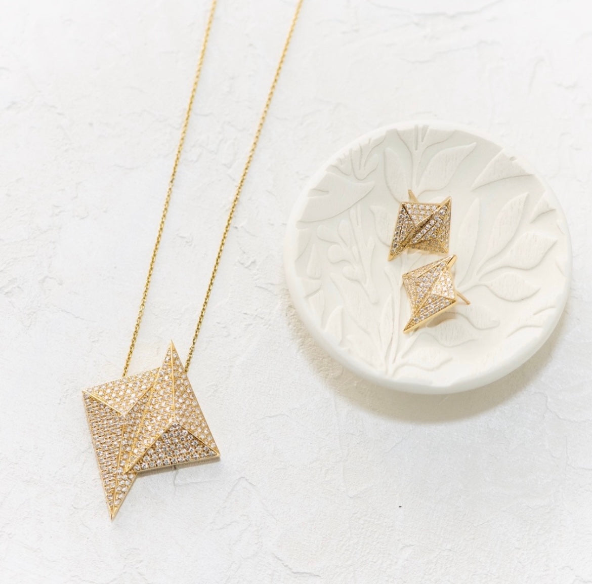 Yellow Gold Necklace with Yellow Gold and Diamond Geometric Pendant and Earrings Set