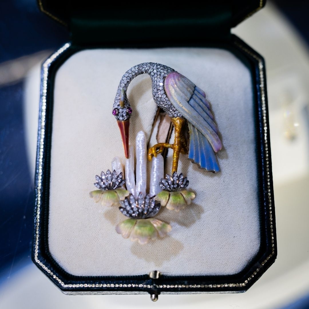 Blue Crane Moira signature brooch in its original box