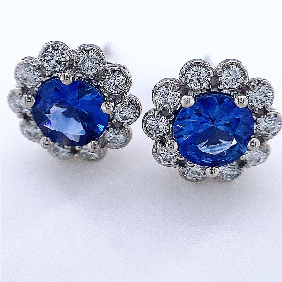 Precious Stone and Diamond Stud Earrings in FLower Design