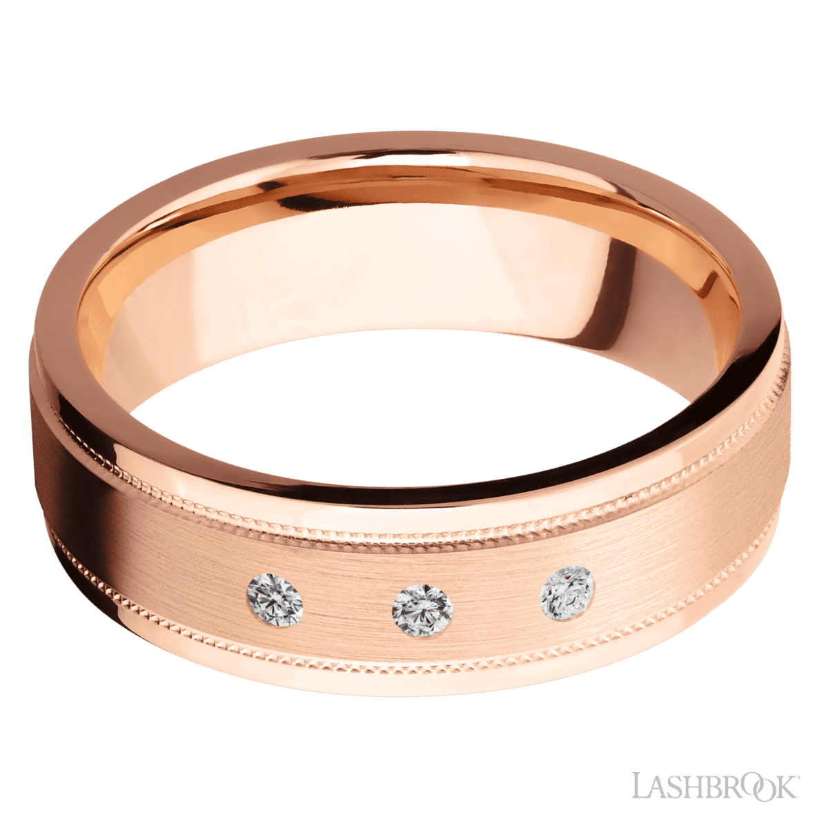 Lashbrook 14K Rose Gold Male Wedding Ring with 3 Round Diamonds - Diamonds By Rothschild