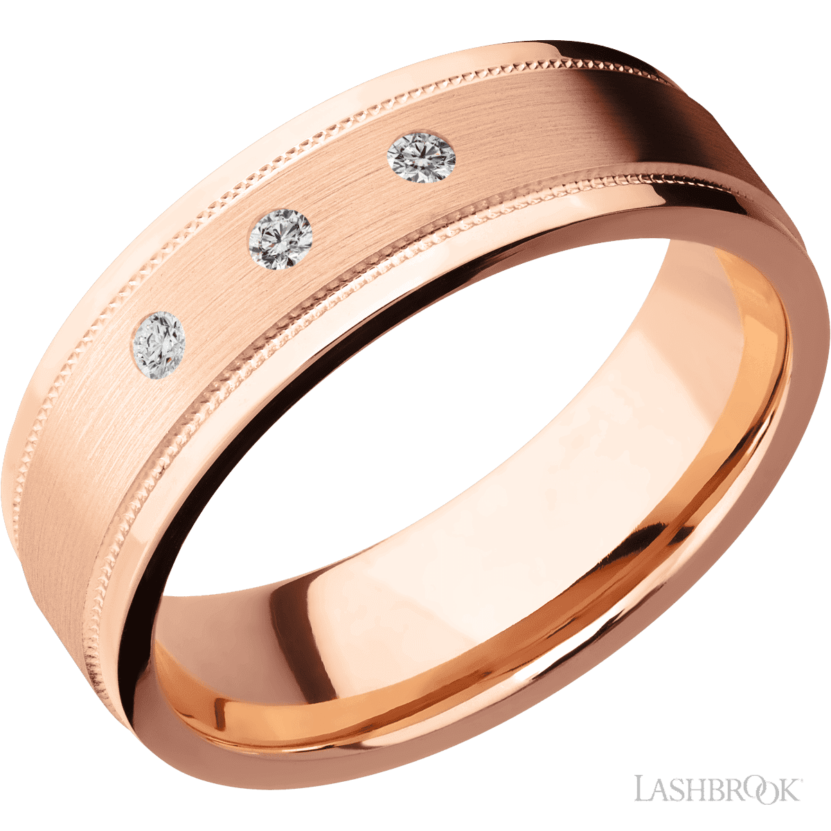 Lashbrook 14K Rose Gold Male Wedding Ring with 3 Round Diamonds - Diamonds By Rothschild