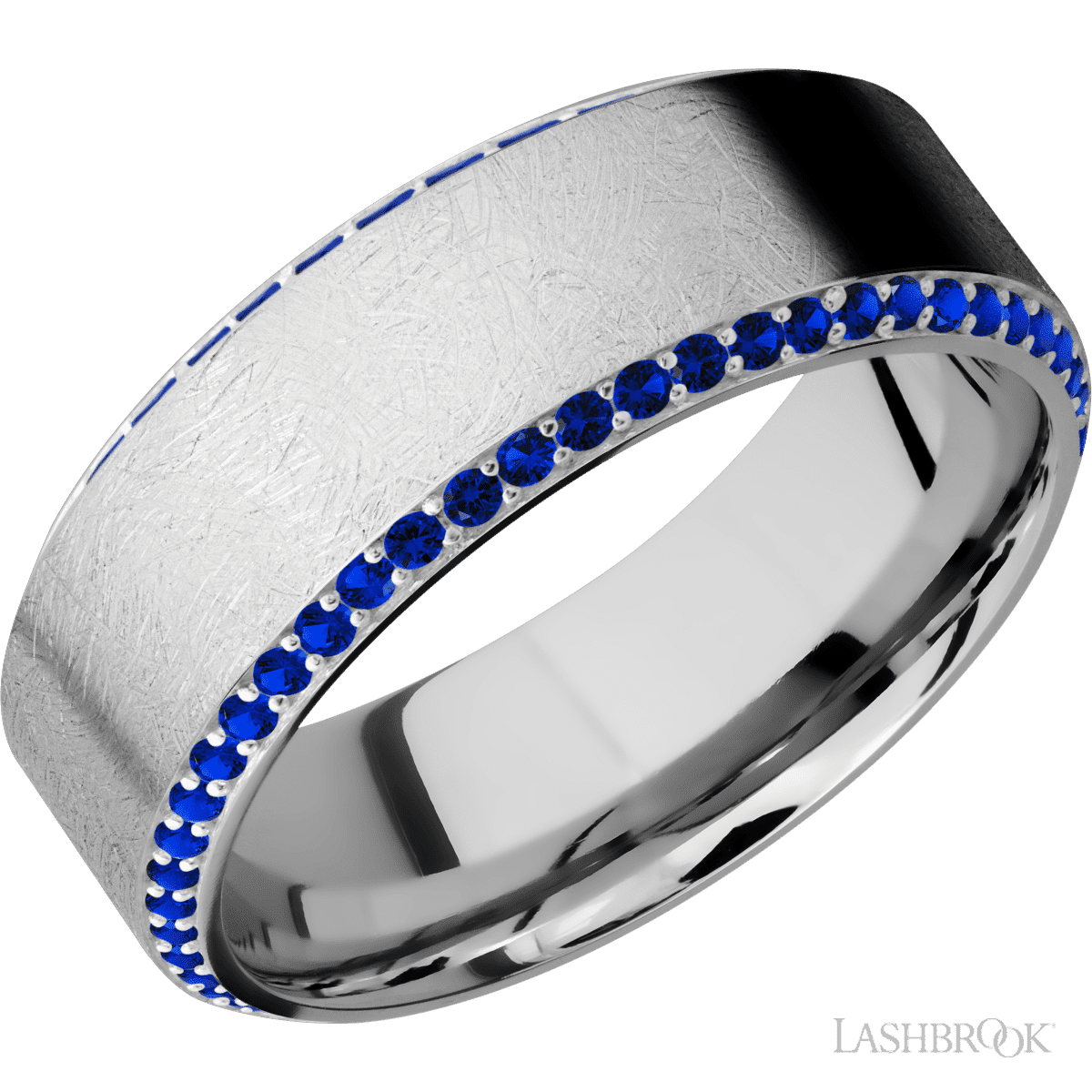 Lashbrook 14K White Gold Men's Wedding Ring - Beaded Sapphire Stones - Diamonds By Rothschild