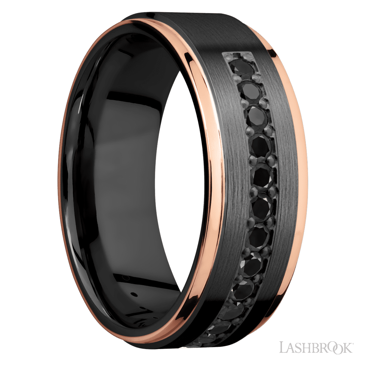 Lashbrook Black Beaded Wedding Ring For Him with 14K Rose Gold Inlay - Diamonds By Rothschild