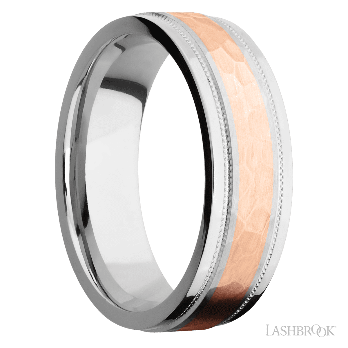 Lashbrook Chrome Male Wedding Ring With Hammer & 14K Rose Gold Inlay - Diamonds By Rothschild