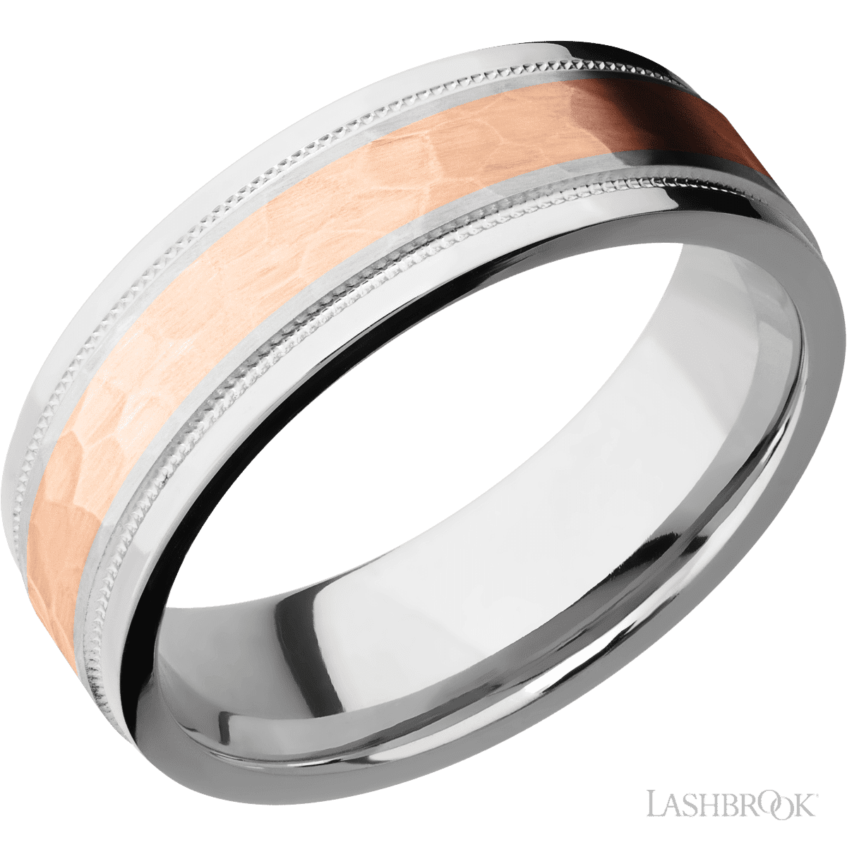 Lashbrook Chrome Male Wedding Ring With Hammer & 14K Rose Gold Inlay - Diamonds By Rothschild