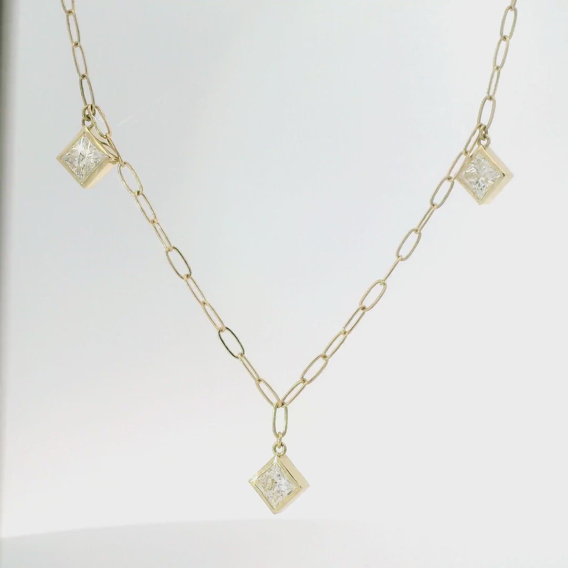 14KY Paperclip Necklace with Bezel-set Princess Cut Diamonds 2.14ctw